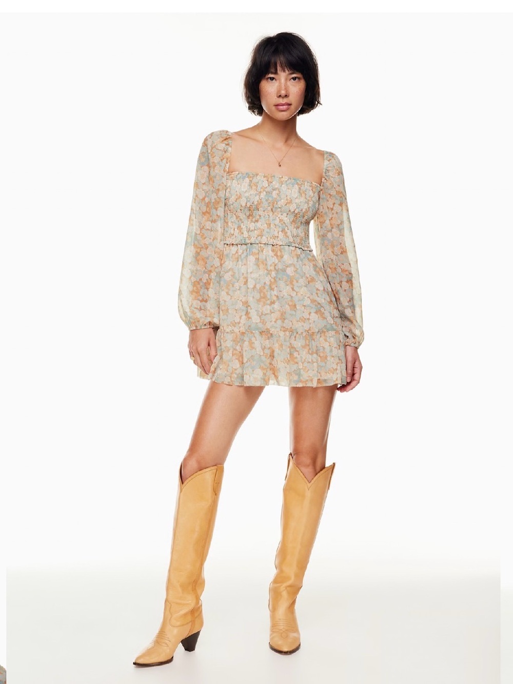 WilfredLong Sleeve Smocked Floral Dress in Beige & Light Blue NEVER WORN Aritzia